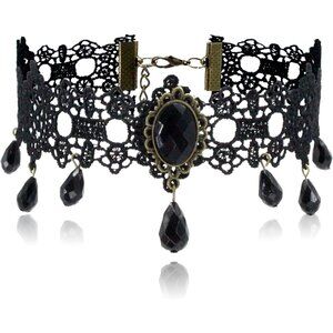 Handmade Gothic Black Lace Choker with Adjustable Chain & Teardrop Pendant